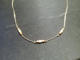 Vintage Wave  Gold Tone  Chain With Salmon, GoldTone Beaded Nice Necklace 17 &quot; - £10.26 GBP