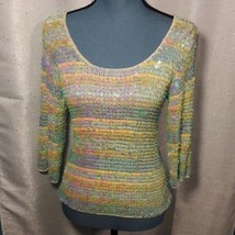 70&#39;s Inspired Women&#39;s Pastel Sequined Crocheted 3/4 Sleeve Top - £19.98 GBP