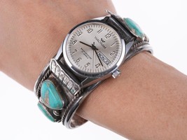 7" Vintage Navajo silver and turquoise watch cuff with working Waltham 17 Jewel - $306.65