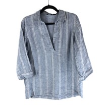 Tahari Womens Linen Tunic Top V Neck 3/4 Sleeve Striped Blue White S - $14.49