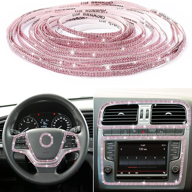 Pink Bling Car Trim Self-Adhesive 16.4Ft Rhinestone Car Interior Accessories for - £11.15 GBP