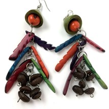 Vtg Earrings Boho Dangler Wood Seed Bead Statement geometric tribal colorful - £15.57 GBP