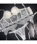 Victoria's Secret 32C,32D,34A BOMBSHELL BRA SET+GARTER BRIDE WHITE SHINE STRAP - $168.29