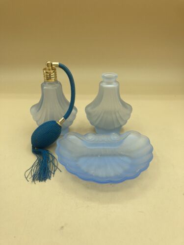 Primary image for Frosted Glass Art Deco Style Perfume Bottle Atomizer & Soap Dish 3 Piece