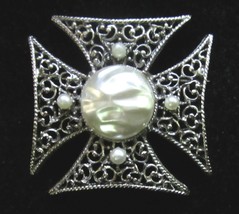 Maltese Cross Pin Brooch with Faux Pearls and Silver Tone Setting Vintage 1960&#39;s - £19.73 GBP