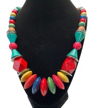 Colorful Graduating Wood Bead Necklace Vintage Rainbow Tribal Bold 20 Inch - $43.89