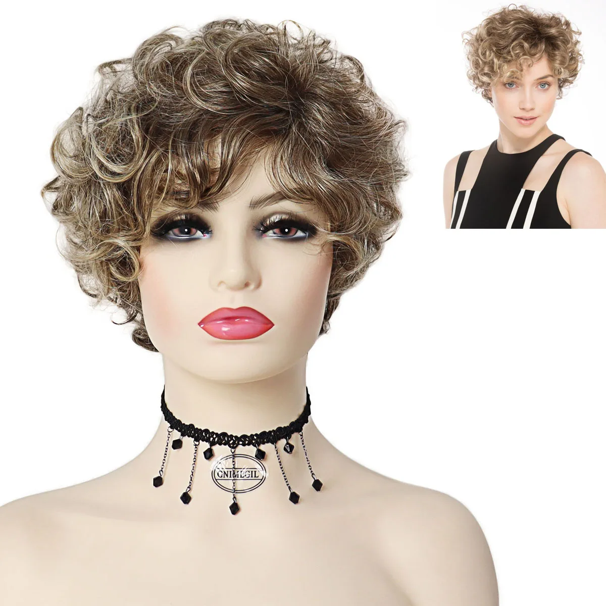 GNIMEGIL Synthetic Short Curly Wigs for Women Blonde Wig with Dark Root Ombre - £24.33 GBP+