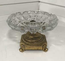 Vintage Heavy Crystal Ashtray With Brass Base Footed Bowl centerpiece - £23.70 GBP