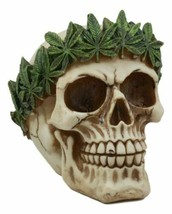 Pot Head Skull Statue 6&quot;Long Gothic Skull With Weed Leaf Laurel Resin Figurine - £16.92 GBP