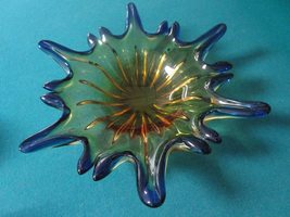 Compatible With Murano Italy Free Form Bowl Blue And Yellow Original Art Glass - £82.02 GBP
