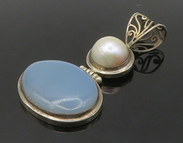 925 Sterling Silver - Vintage Pearl Dome &amp; Chalcedony Hinge Pendant - PT12185 - £61.85 GBP