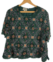Vtg 1980s Beaded Sequins Evening Top L XL Silk Green Embellished Party Holiday - £44.43 GBP