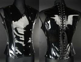 Black PVC Fetish Vest Corset Back Vegan Leather V Shape Goth Male Corset - $105.86