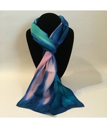 Hand Painted Silk Scarf Mint Green Bubblegum Pink Blue Unique Rectangle ... - €47,63 EUR