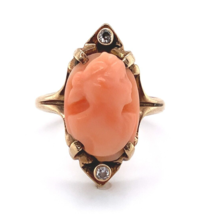 Genuine Natural Coral Cameo 10k Yellow Gold Ring with Diamond Accents (#J5977) - £319.50 GBP