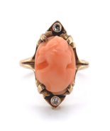Genuine Natural Coral Cameo 10k Yellow Gold Ring with Diamond Accents (#... - £315.28 GBP