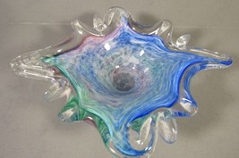 Art Glass Small Stretched Bowl Blue, Pink, Clear &amp; Green Swirls 6&quot; x 5&quot; ... - £12.56 GBP