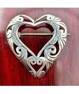 Vintage Sterling Silver Heart Brooch Ornate Scroll Leaf Design, Long Pin... - $32.99