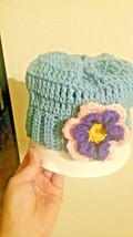 Toddler handcrafted crocheted flower hat in blue Open Knit - £10.58 GBP