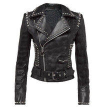 New Women&#39;s Unique Brando Style Rounded Silver Studded Biker Leather Jac... - £158.82 GBP+