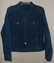 EXCELLENT WOMENS FRENCH CUFF DISTRESSED  BLUE JEAN JACKET  SIZE L - £22.30 GBP