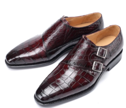 Handmade Men&#39;s Double monk Crocodile Embossed Dress shoes, Men formal shoes - £110.52 GBP+