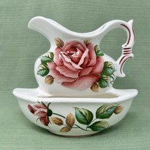 Lefton Americana Rose Wall Pocket Planter Wash Bowl Pitcher Pink Green #... - £22.78 GBP