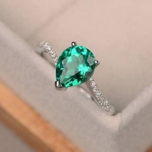 14k White Gold Plated 1.80 Ct Pear Simulated Emerald Engagement Solitaire Ring - £94.93 GBP