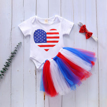 NEW Baby Girls 4th of July Patriotic Heart Bodysuit Tutu Skirt &amp; Headband Outfit - £6.91 GBP