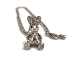 Rabbit Bunny Rhinestone Silver-Toned Pendant Necklace Fashion Costume Jewelry - £14.32 GBP