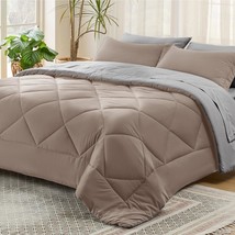 Taupe Queen Comforter Set - 7 Pieces Reversible Queen Bed In A Bag Queen Bed Set - £71.25 GBP