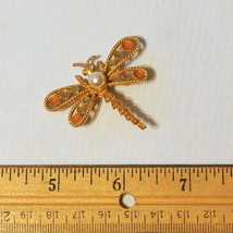 Vintage Faux Pearl enamel gold tone dragonfly dragon fly insect bug Brooch Pin - £10.27 GBP