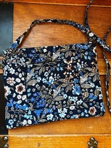 Gold Coast Small Blue &amp; Brown Floral Quilted Fabric Shoulder Bag Purse Z... - £9.04 GBP