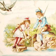 C1890s Victorian Trade Card Beautiful Neither And Sister Fishing In Cree... - $19.99