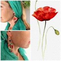 Painted Olive Wood Art inspired Earrings. Red Poppy Stainless steel earrings - £35.78 GBP
