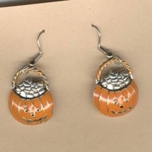 JACK-O-LANTERN Pail Earrings -Enamel Halloween Pumpkin Jewelry - £6.25 GBP