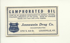 1 Antique Pharmacy Label CAMPHORATED OIL Jennewein Drug Co. Louisville K... - $28.11