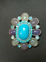 Vintage Pendant or Brooch Turquoise Rhinestones with Other Colors 2 1/4&quot; x 2&quot; - £17.12 GBP