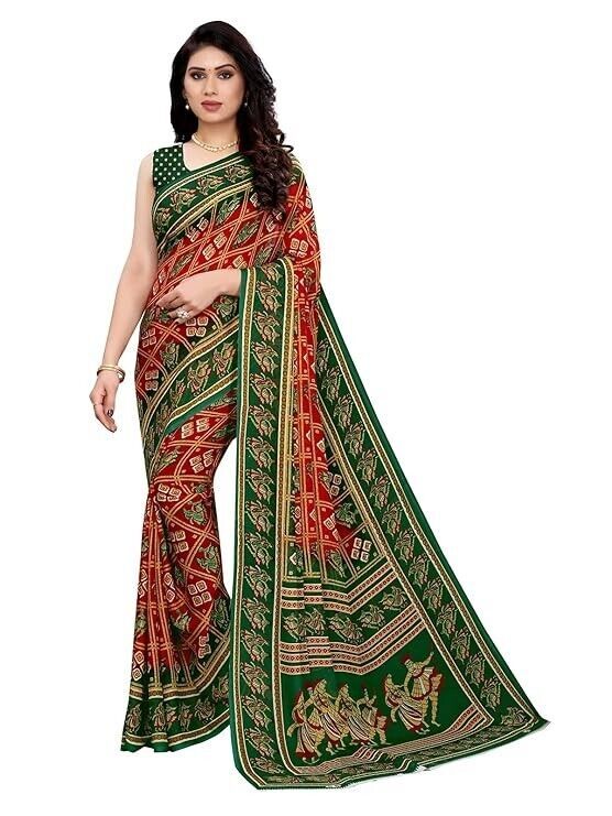Women&#39;s Georgette Printed Saree with Blouse SARI - $1.99