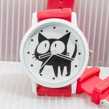 Crazy Cat With Big Eyes Watch Red Silicone Band - £13.97 GBP