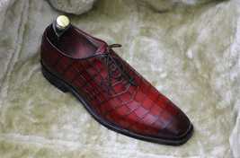 Handmade men&#39;s bespoke Red embossed alligator leather lace-up formal dress shoes - £143.84 GBP+