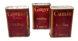 3 Antique Schilling Spice Tins Paper &amp; Metal Cumin Ginger Cayenne WEAR - $14.36