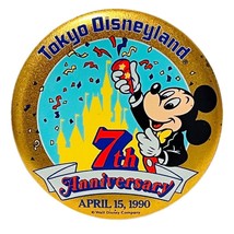 Tokyo Disneyland 7th Anniversary Button 1990 3.5” Metal Round Mickey Japan - $8.58