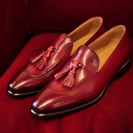 NEW  Handmade Pure Leather Stylish Loafer Tassel burgundy color Shoes For Men's