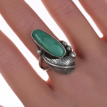 sz7 Vintage Native American silver and green turquoise ring with leaf - $64.35