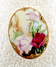 Antique Porcelain Hand Painted Rose Victorian Floral Flowers Oval Stud B... - $29.21