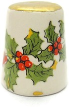 1986 Christmas Holly Gold Tone Top Collectible Vintage Ceramic Thimble - £11.86 GBP