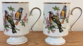 Pair Vintage Royal Crown Birds RCW-13 Porcelain Footed Coffee Mugs Tea Cups - $36.62