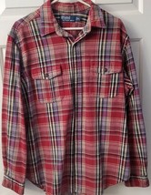 RALPH LAUREN POLO Mens X-Large Red Plaid Flannel Leather Elbow Patches VTG - $29.87