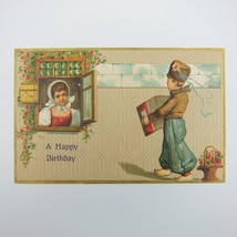 Postcard Birthday Greeting Antique Dutch Boy Plays Accordion Dutch Girl Window - £7.47 GBP